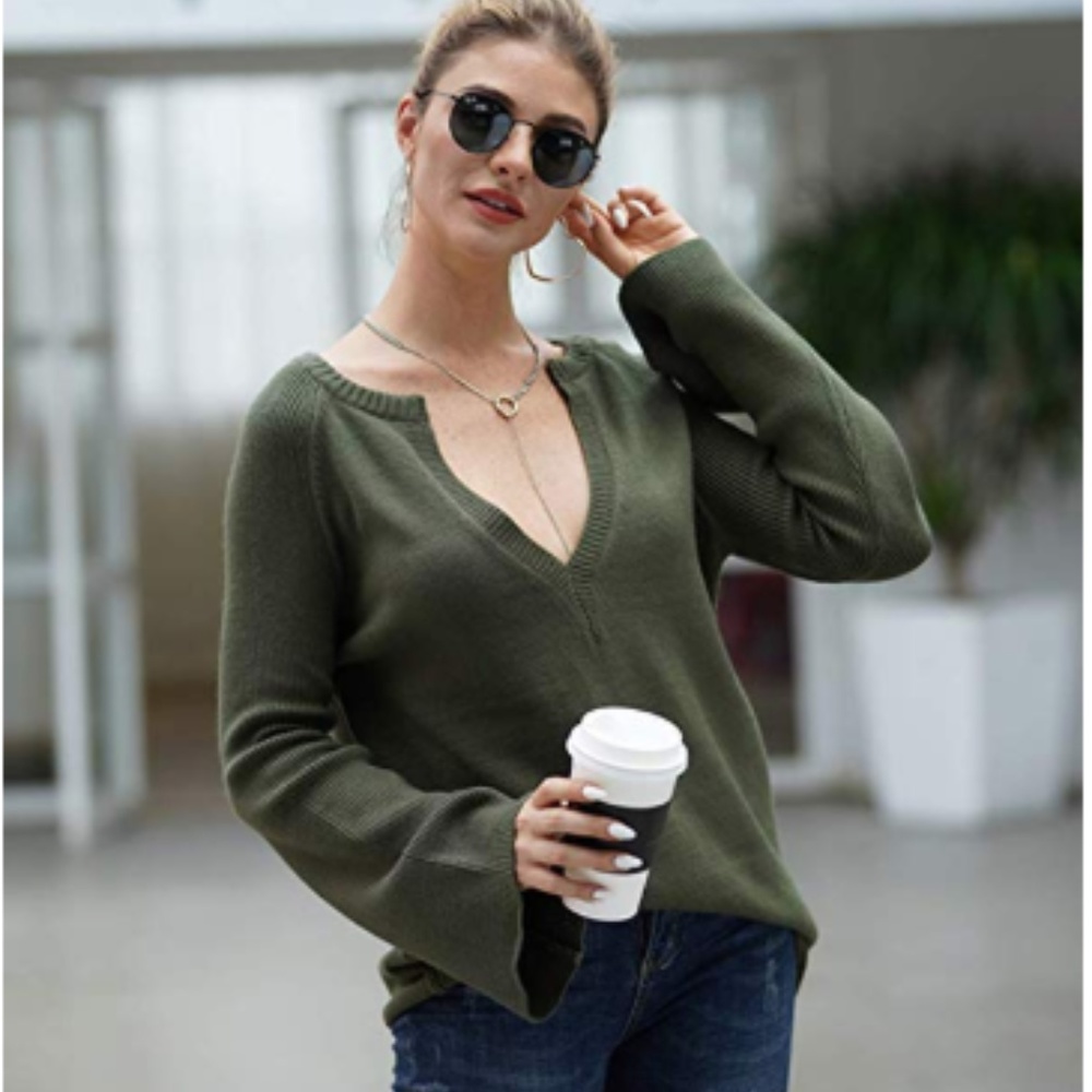 Women's Casual Knitted Sexy Deep V-Neck Long Bell